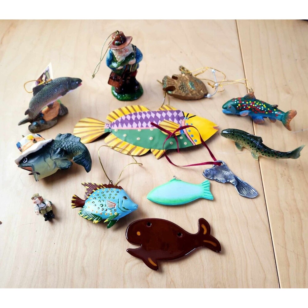 Mixed Lot of 11 Fish Themed Christmas Ornaments Various Sizes & Materials
